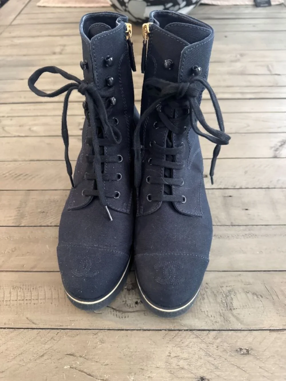 CHANEL Interlocking CC Logo Combat Boots Navy Blue Size 37.5
